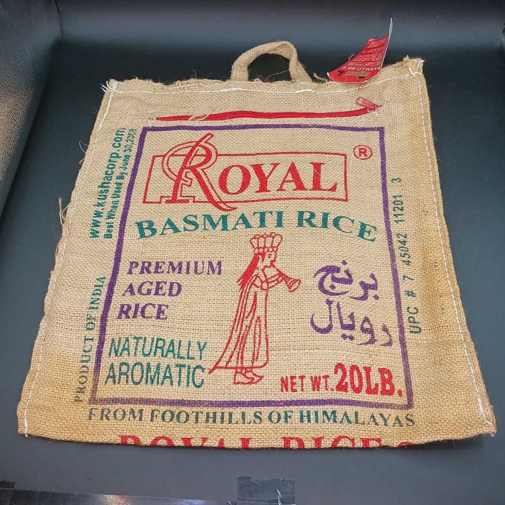 Royal Basmati Rice Burlap Bag Zipper Handle Reusable Hippie Tote No Rice 17 x 16